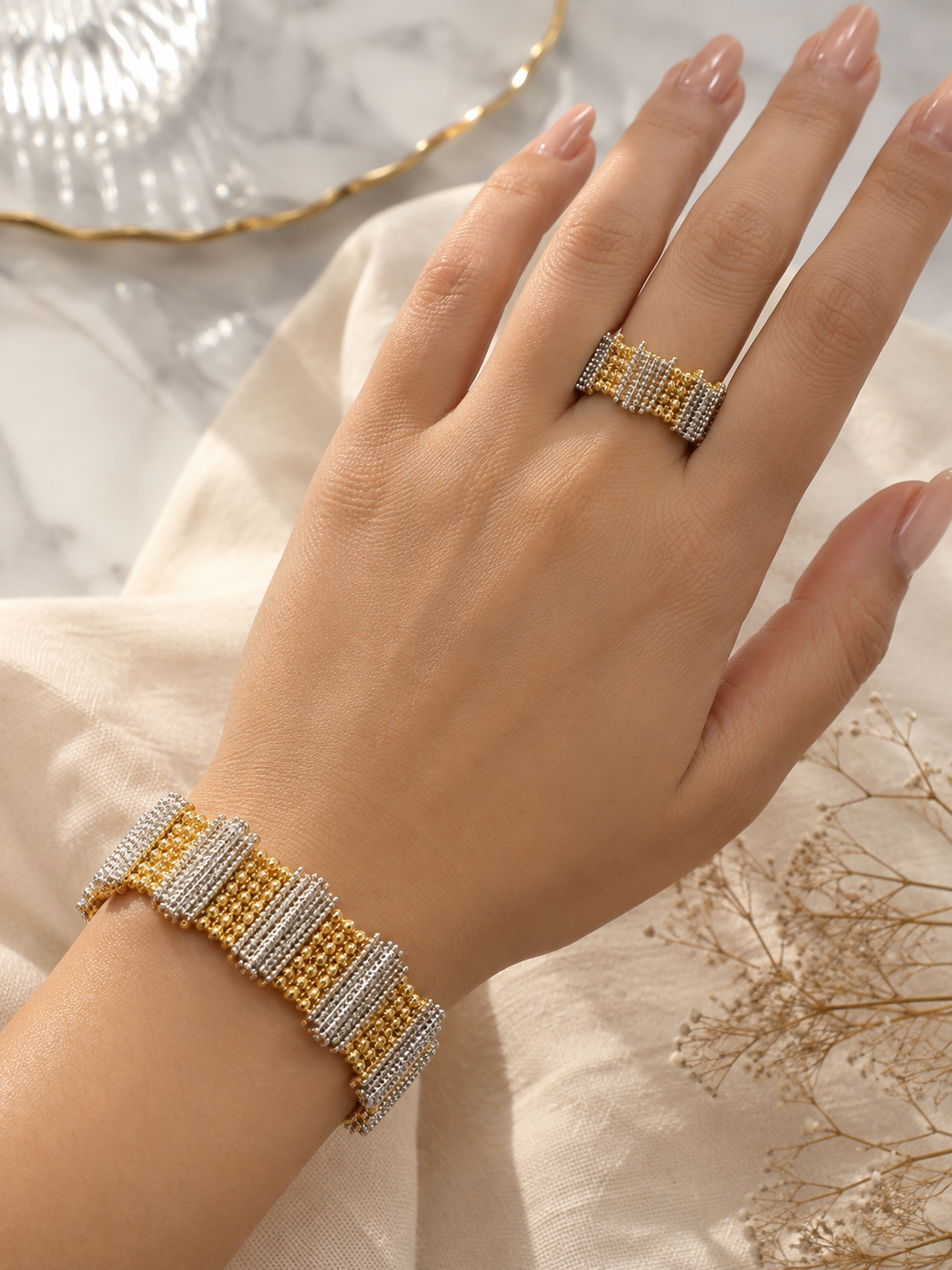 Two-Tone Beaded Bracelet & Ring Set – Gold & Silver Statement Jewelry