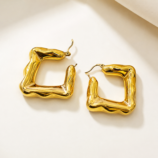 Chunky Molten Gold Square Hoop Earrings – Statement Jewelry #8