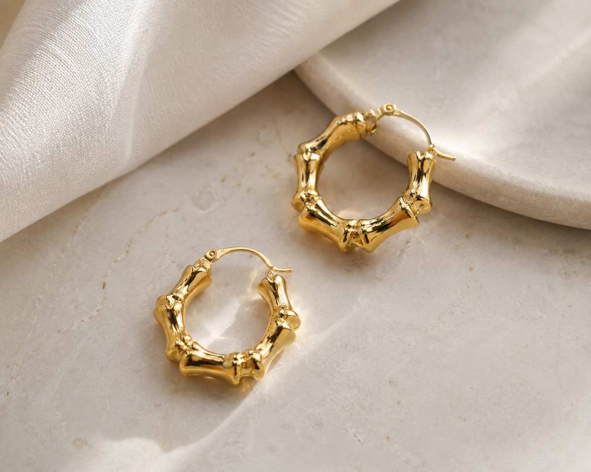 Gold Bamboo Hoop Earrings – Textured Statement Earrings for Women #10