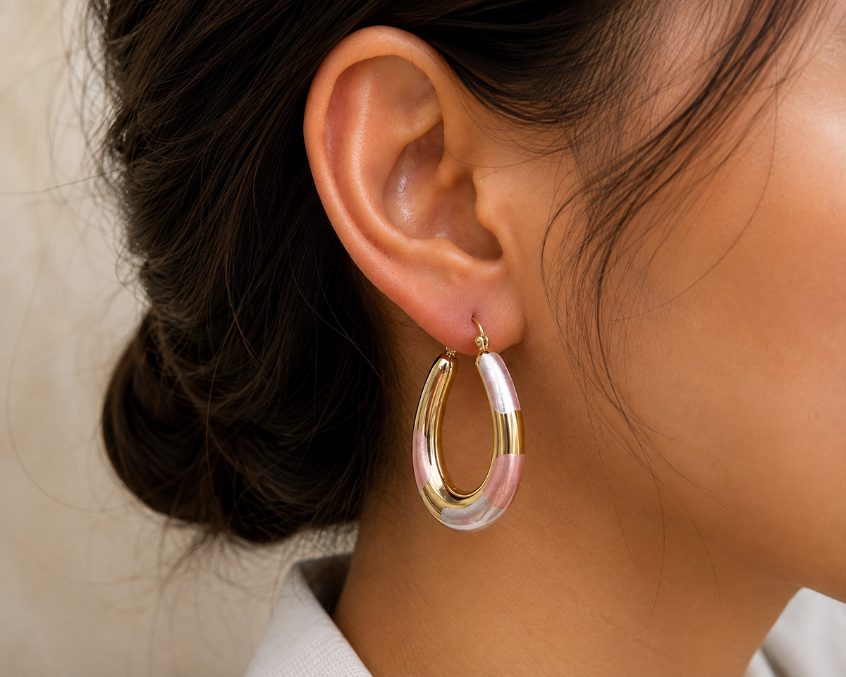 Pink & Pearl Accent Gold Statement Hoop Earrings #13