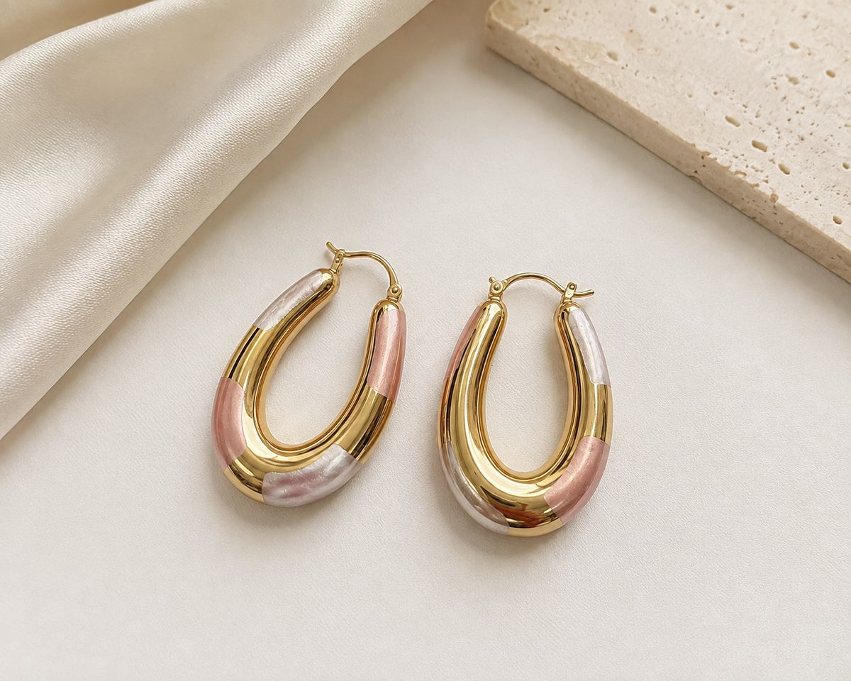 Pink & Pearl Accent Gold Statement Hoop Earrings #13