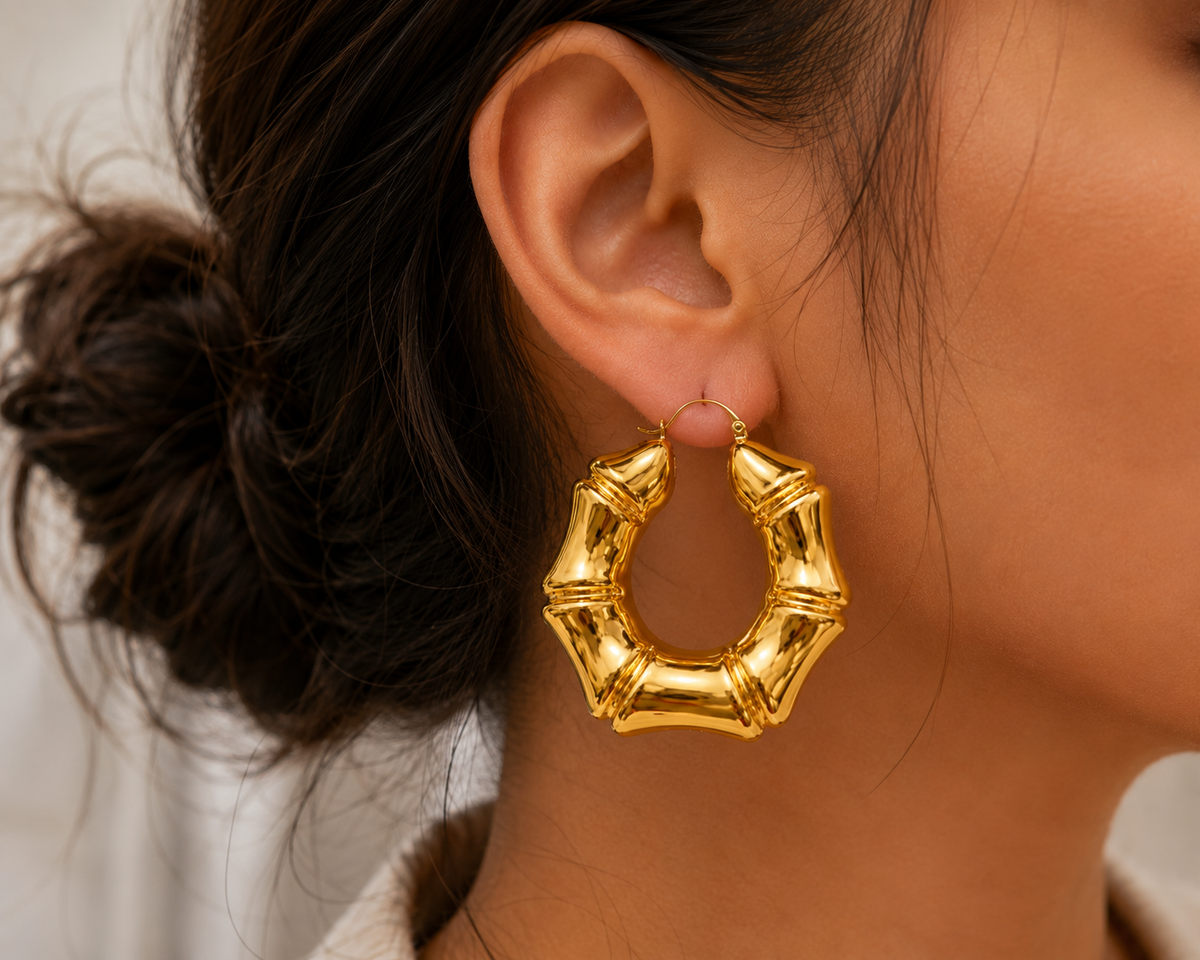 Bold Gold Bamboo Hoop Earrings – Chunky Statement Earrings #18