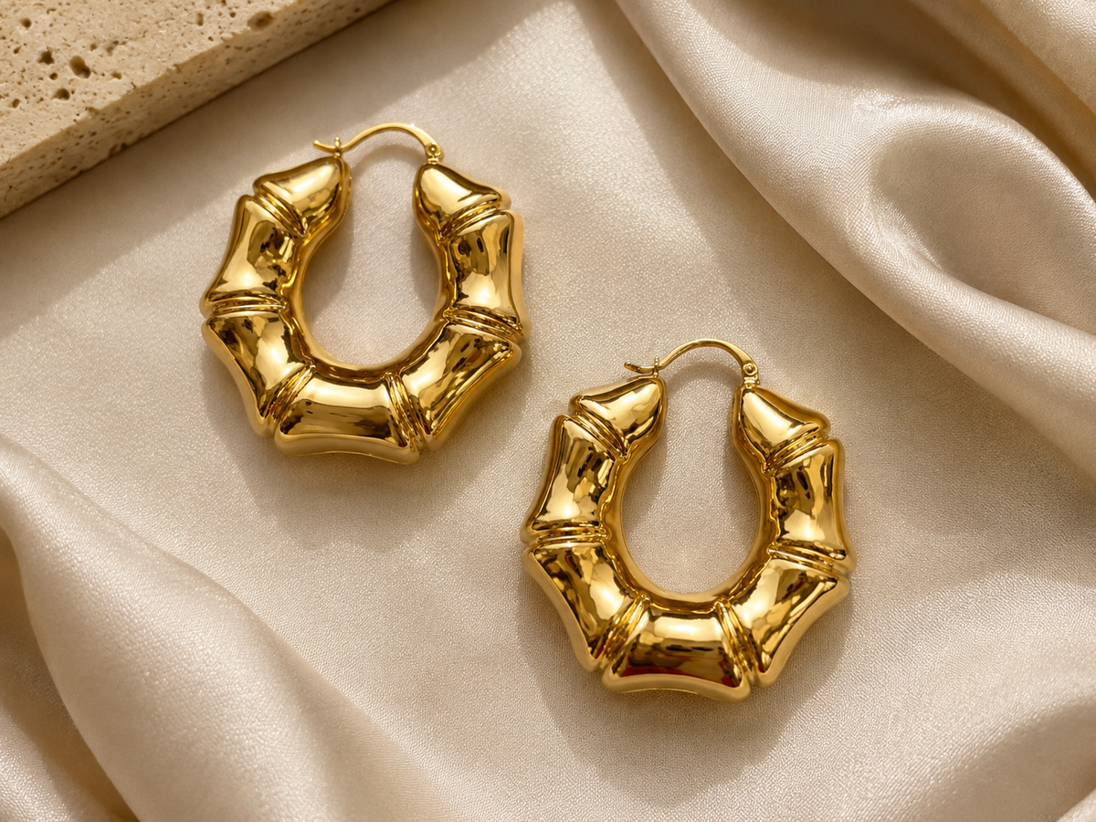 Bold Gold Bamboo Hoop Earrings – Chunky Statement Earrings #18