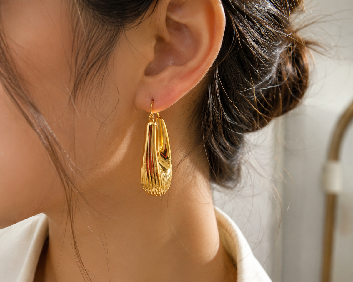 Sculpted Gold Ribbed Statement Hoop Earrings #19