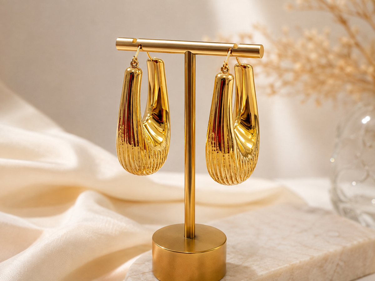 Sculpted Gold Ribbed Statement Hoop Earrings #19