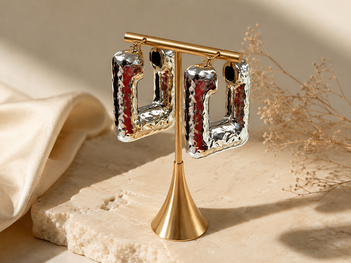 Bold Hammered Silver Geometric Statement Hoop Earrings #20