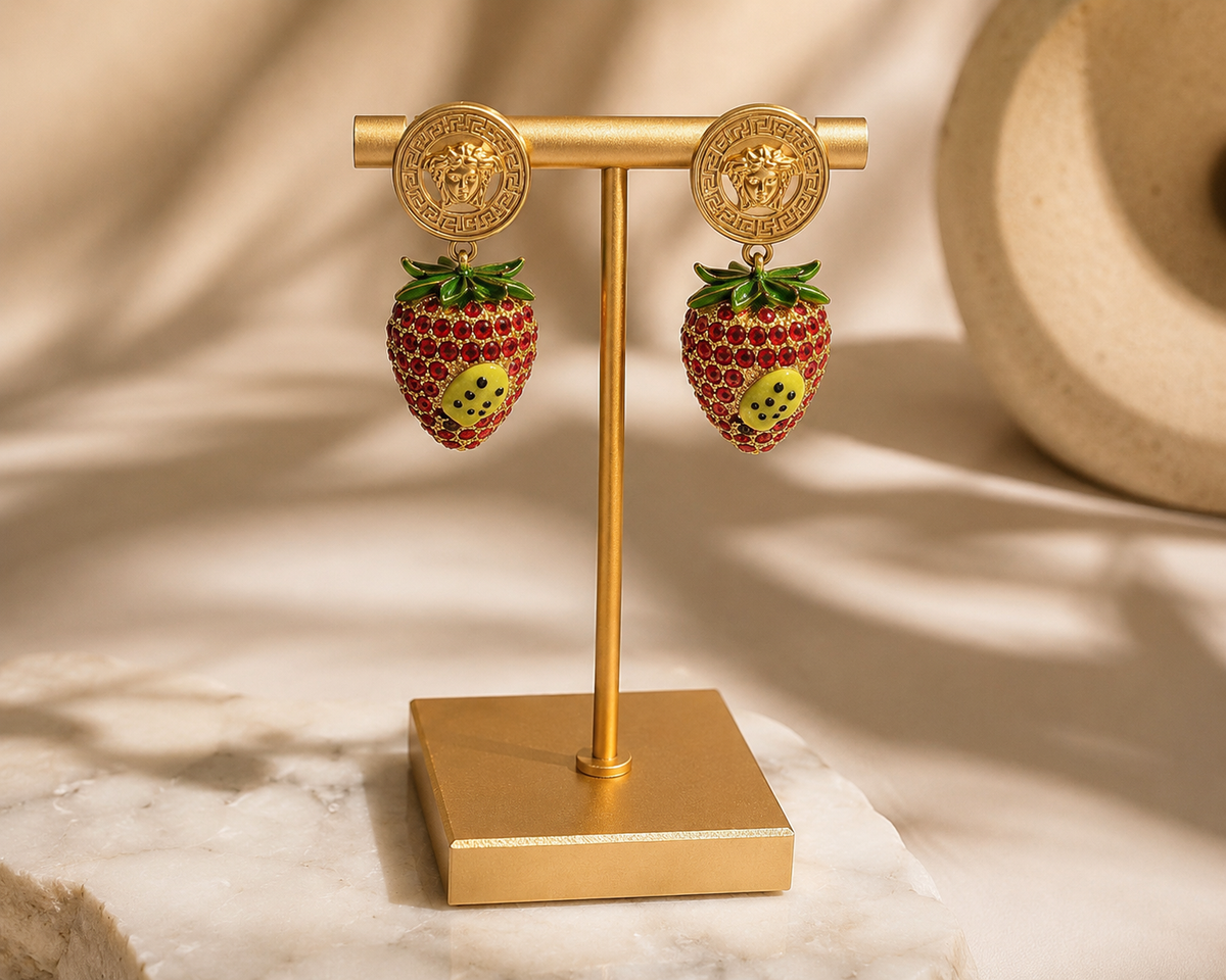 Gold Strawberry Drop Earrings – Red Crystal Statement Earrings