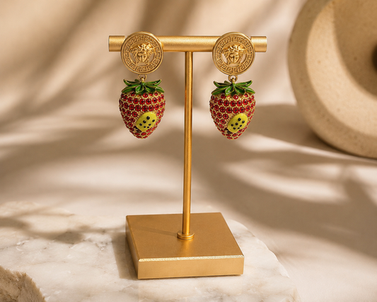 Gold Strawberry Drop Earrings – Red Crystal Statement Earrings