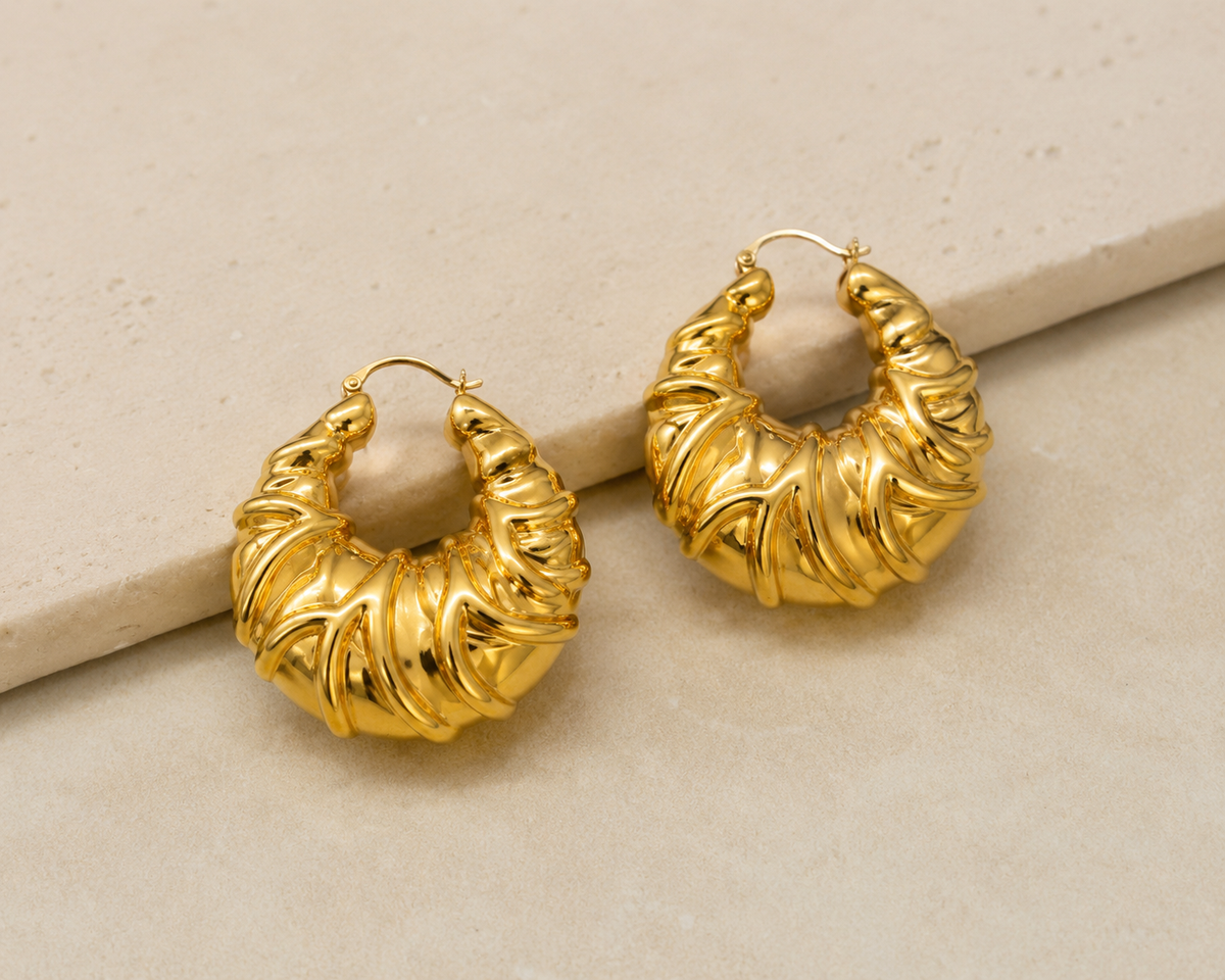 Chunky Sculpted Gold Hoop Earrings – Statement Twisted Croissant Hoops