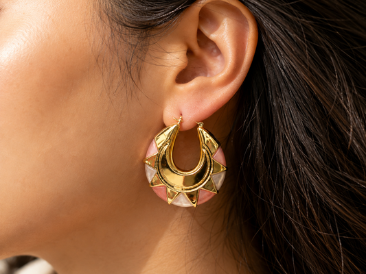 Gold Statement Hoop Earrings with Pink & Pearl Accents – Chunky Geometric Earrings #24