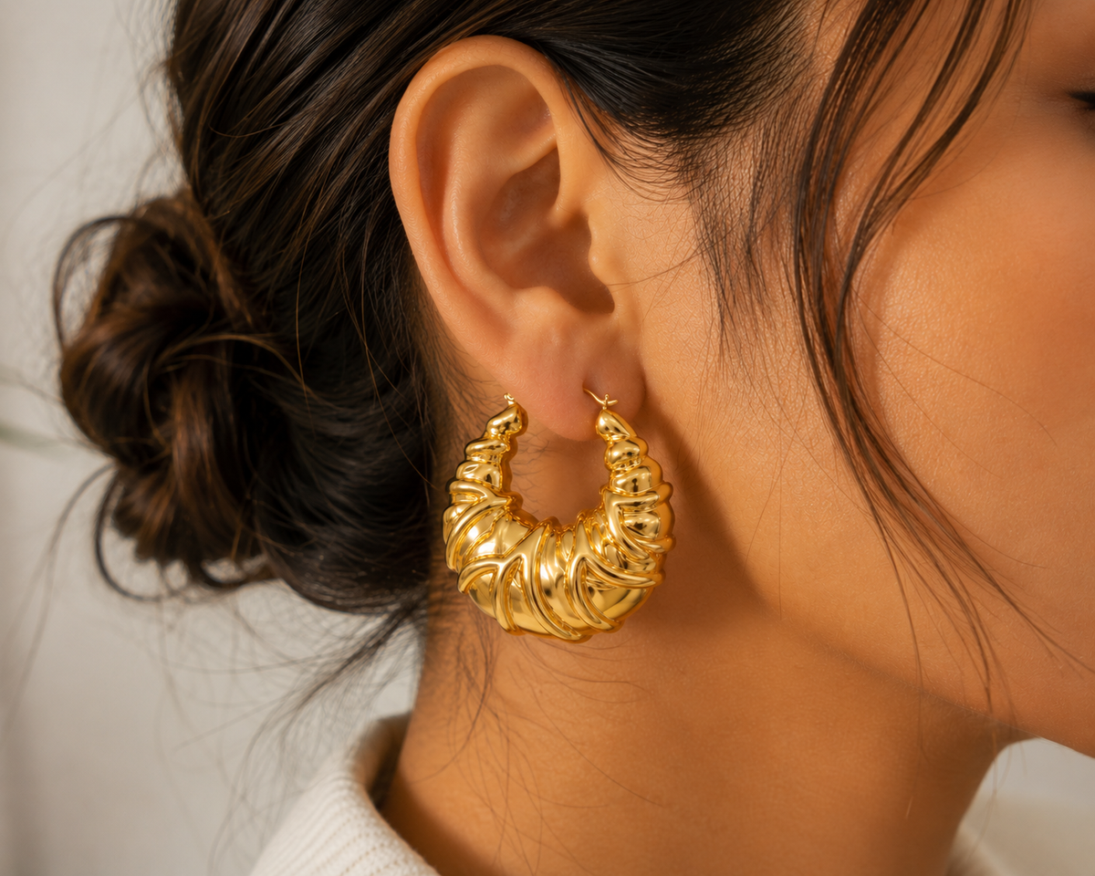 Chunky Sculpted Gold Hoop Earrings – Statement Twisted Croissant Hoops