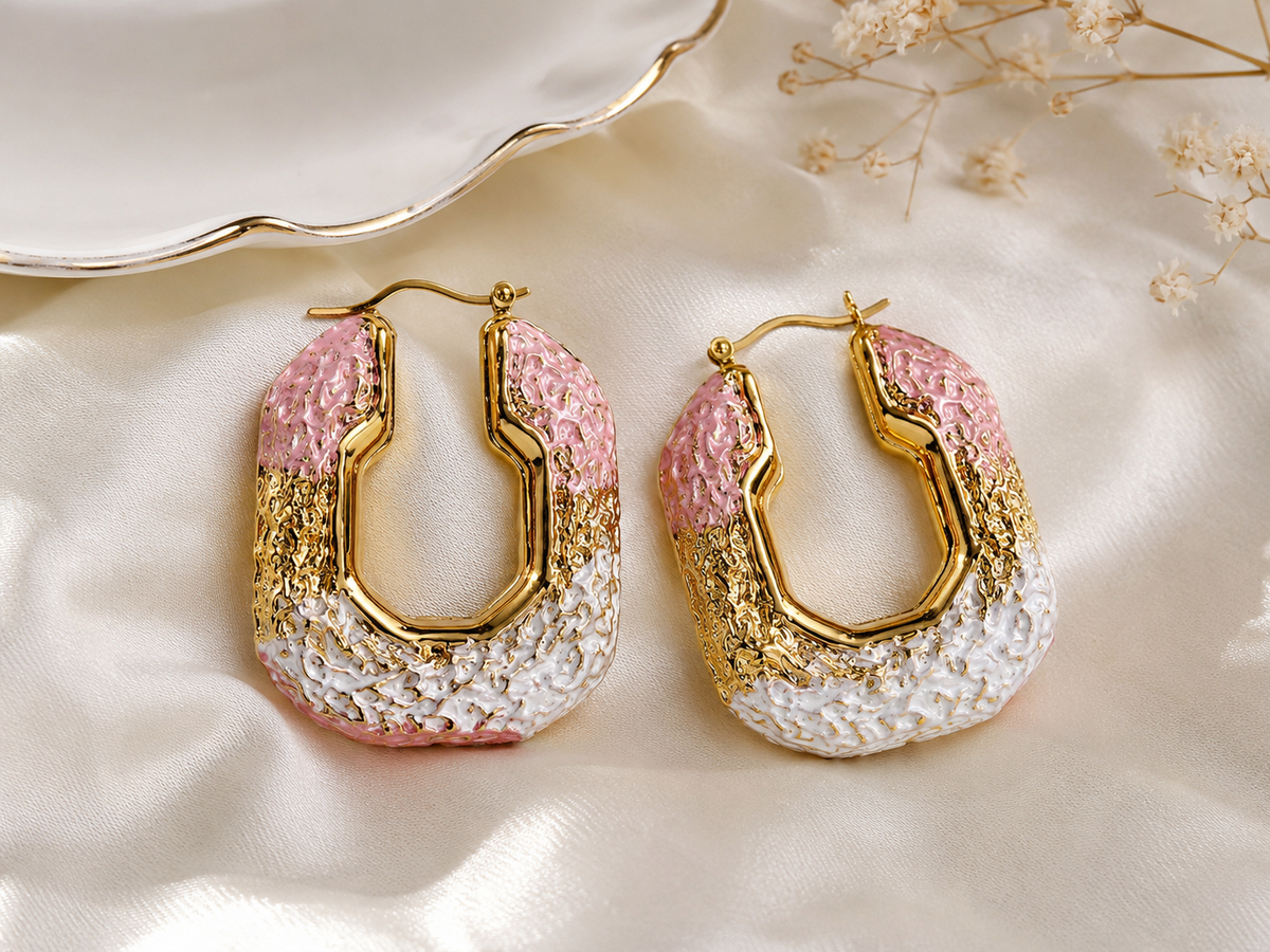 Statement Textured Hoop Earrings – Pink, White & Gold Chunky Earrings #27