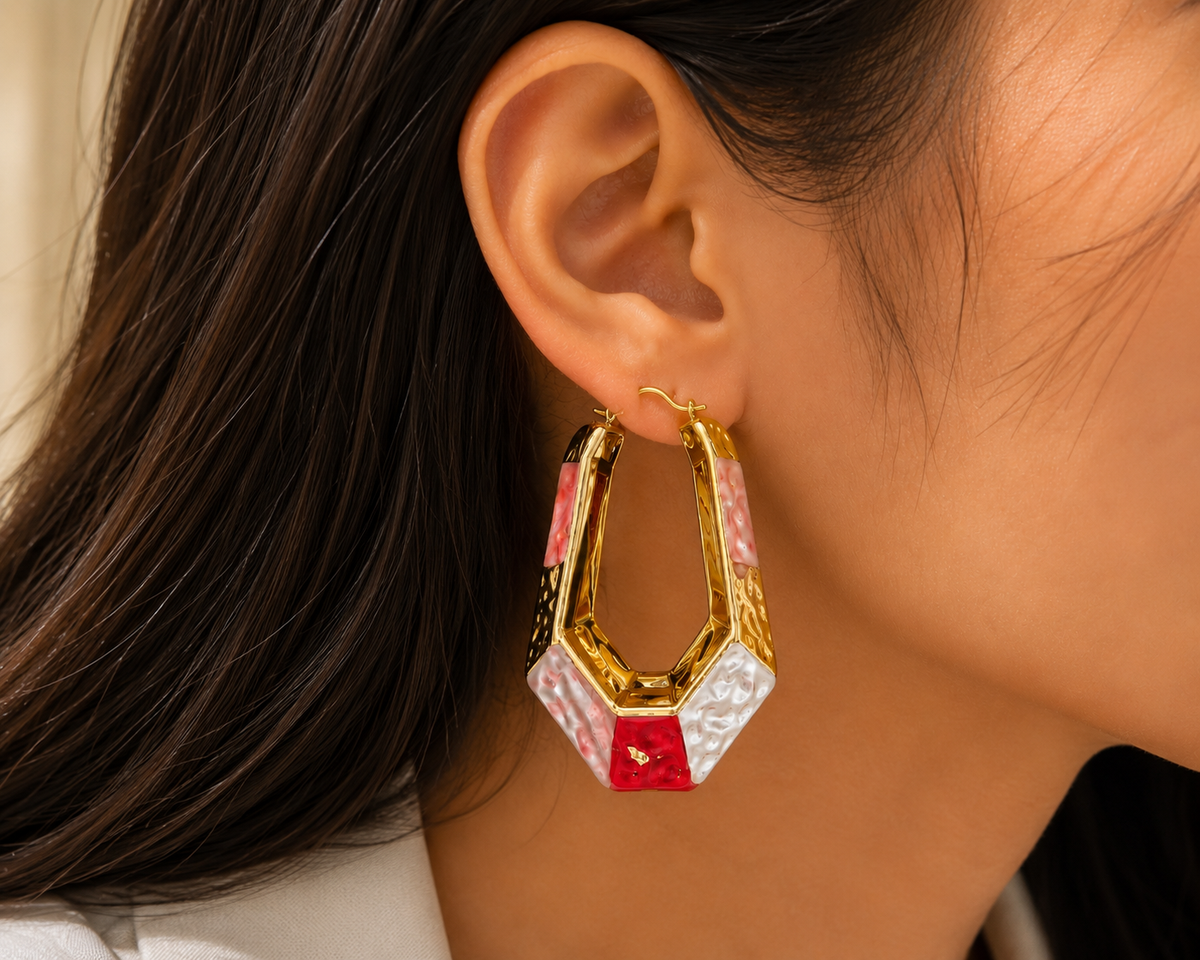Statement Gold Geometric Hoop Earrings with Pink, Red & Pearl Accents #28