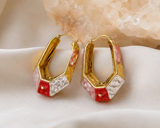 Statement Gold Geometric Hoop Earrings with Pink, Red & Pearl Accents #28