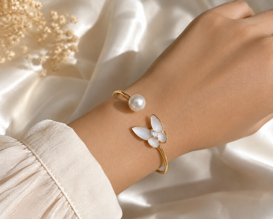 Elegant Gold Pearl & Floral Open Cuff Bangle Bracelet