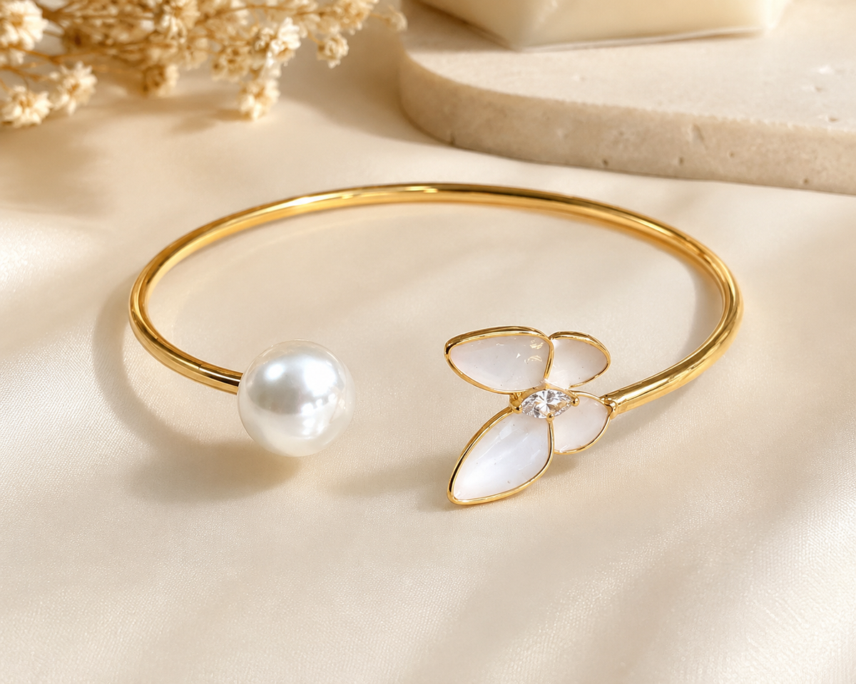 Elegant Gold Pearl & Floral Open Cuff Bangle Bracelet