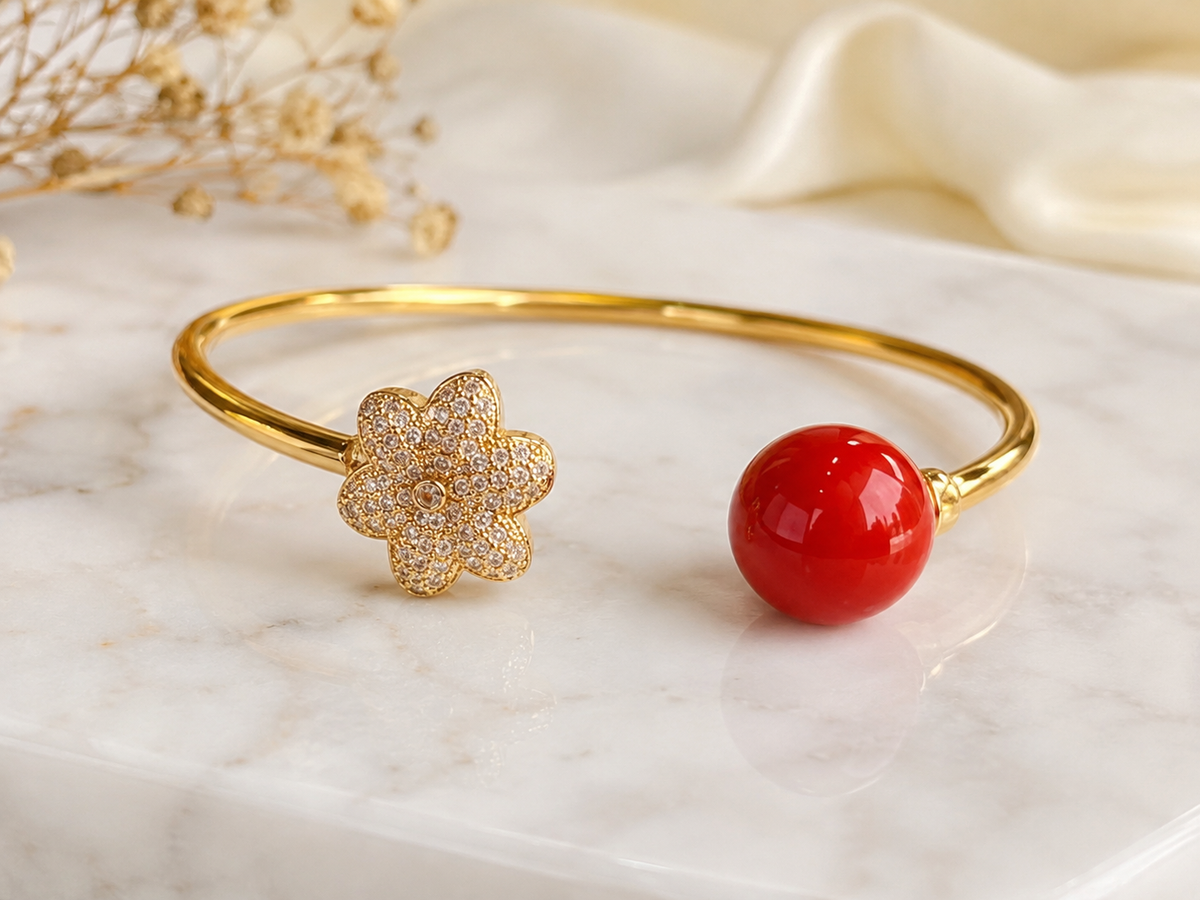 Gold-Tone Red Bead & Crystal Flower Open Bangle Bracelet