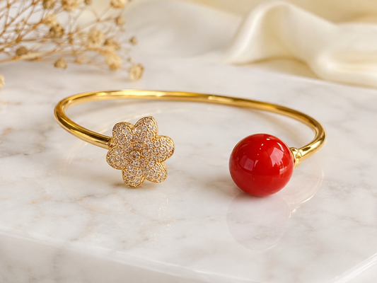 Gold-Tone Red Bead & Crystal Flower Open Bangle Bracelet