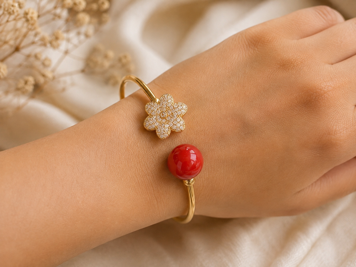 Gold-Tone Red Bead & Crystal Flower Open Bangle Bracelet