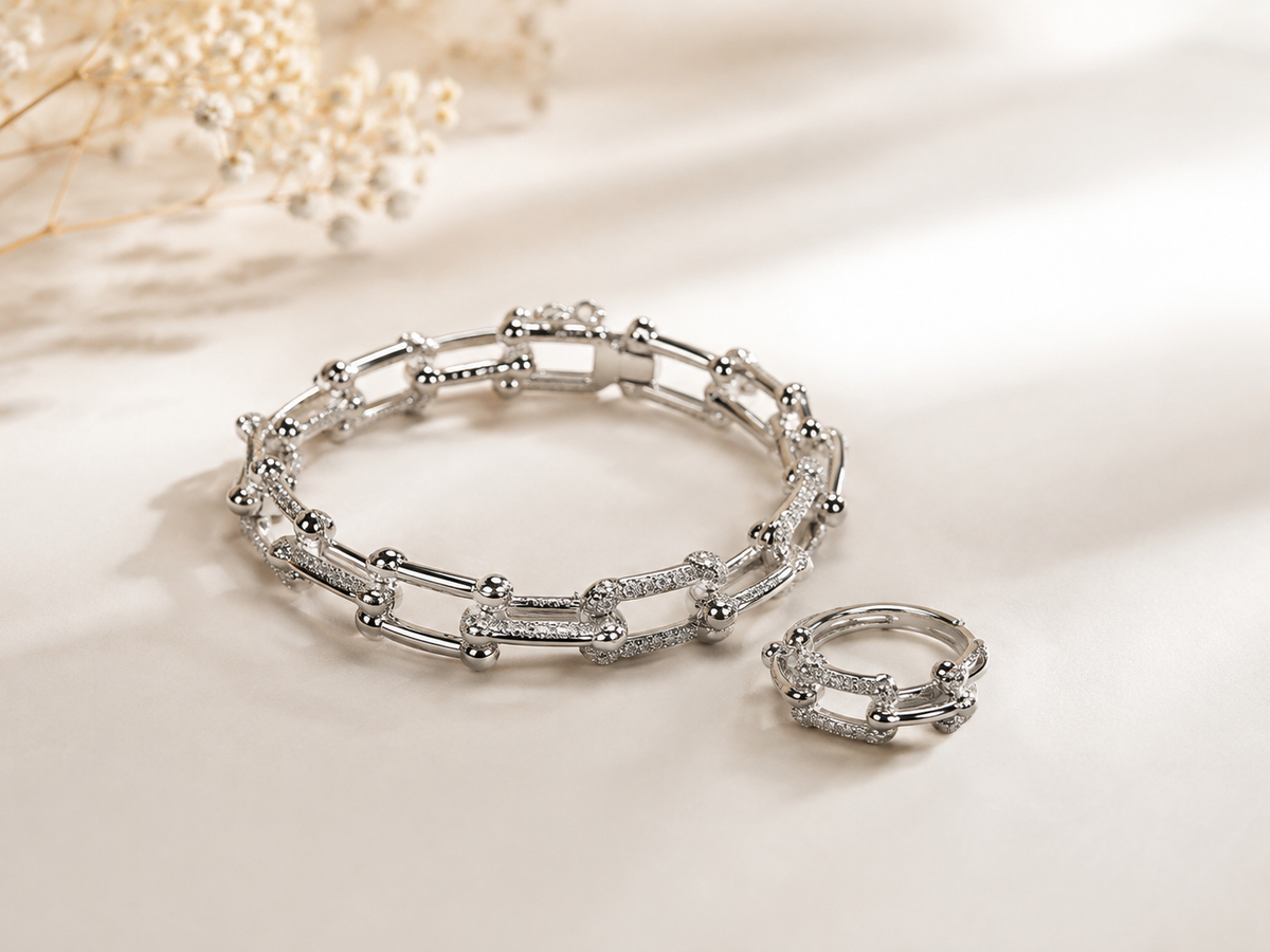 Luxe Crystal Link Bracelet & Ring Set – Gold & Silver