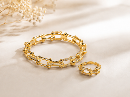 Luxe Crystal Link Bracelet & Ring Set – Gold & Silver