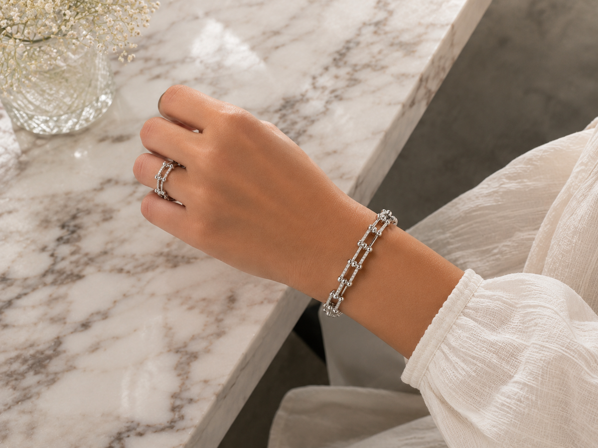 Luxe Crystal Link Bracelet & Ring Set – Gold & Silver