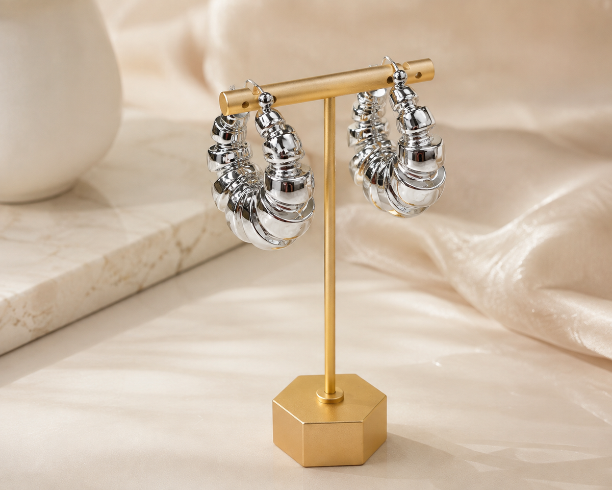 Chunky Silver Ribbed Closed Hoop Earrings – Statement Design #30