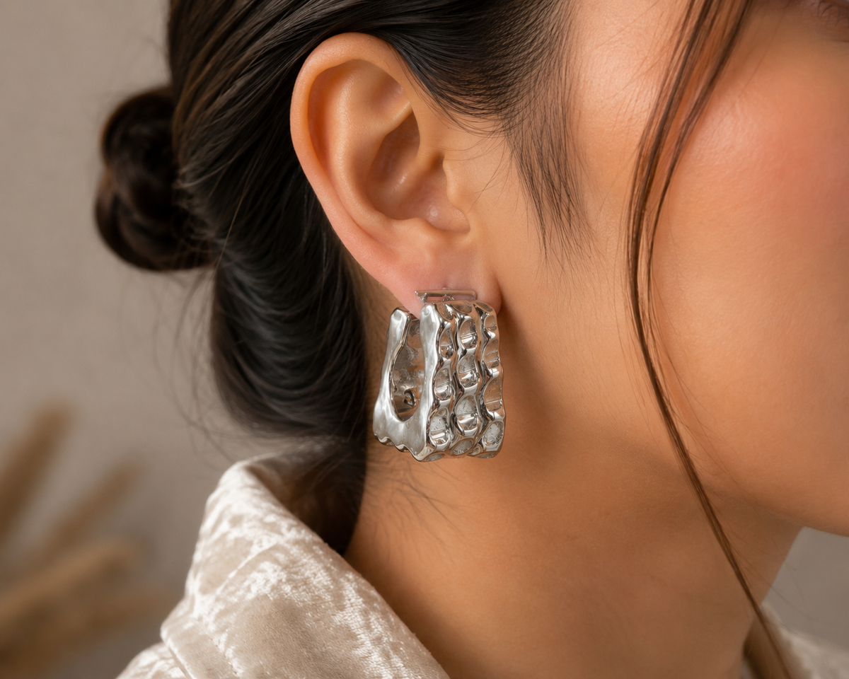 Chunky Silver Sculpted Hoop Earrings – Wavy Statement Design #31