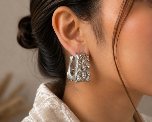 Chunky Silver Sculpted Hoop Earrings – Wavy Statement Design #31