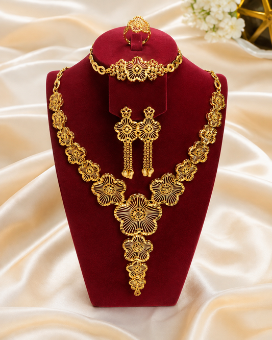 Elegant Gold Floral 4-Piece Jewelry Set – Necklace, Earrings, Bracelet & Ring