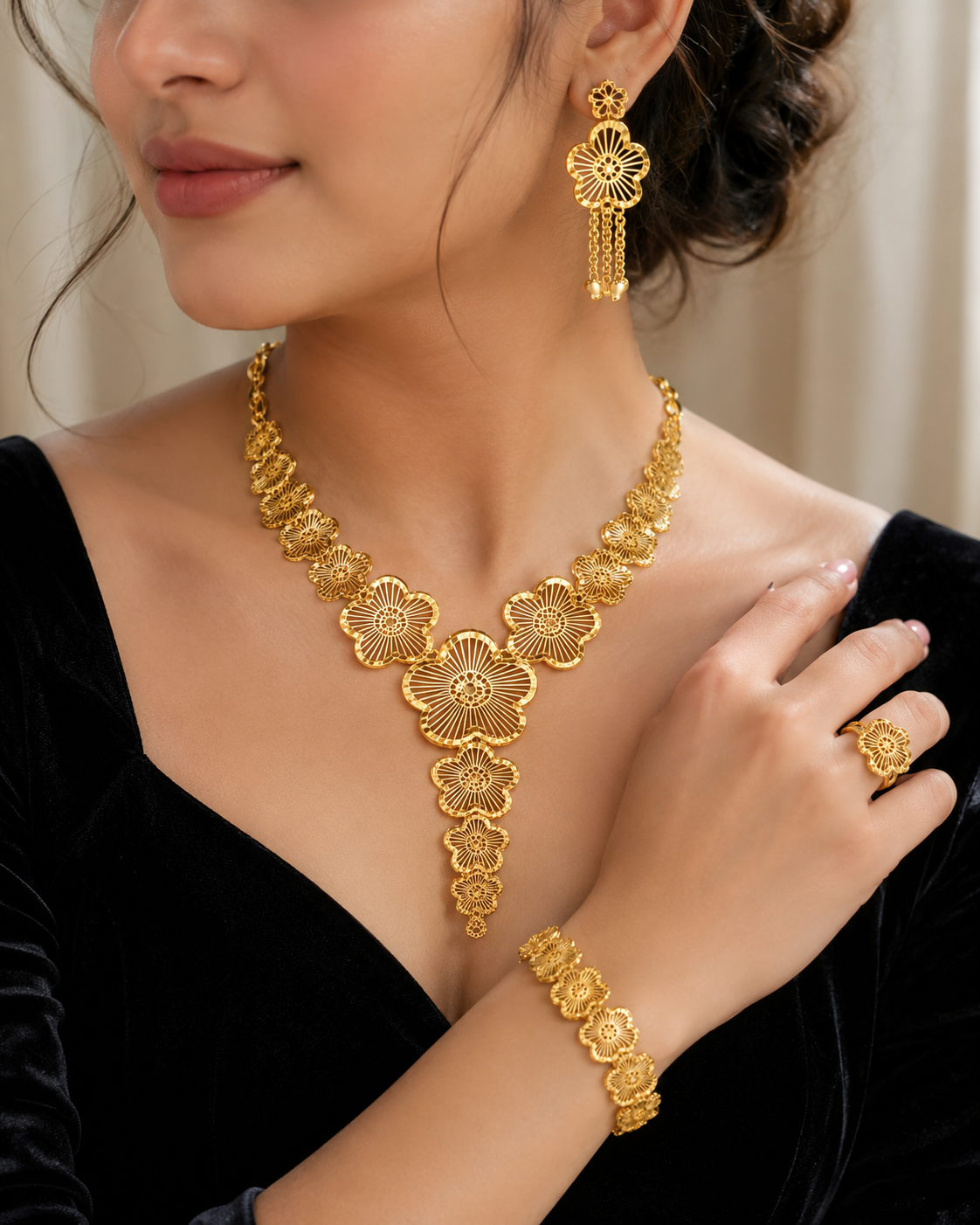 Elegant Gold Floral 4-Piece Jewelry Set – Necklace, Earrings, Bracelet & Ring