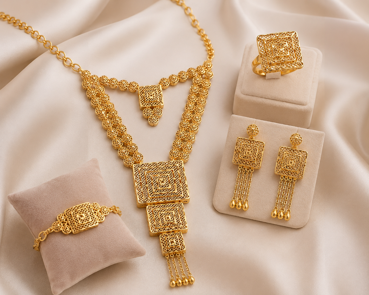 Luxury Gold Filigree 5-Piece Jewelry Set – Necklace, Earrings, Bracelet & Ring