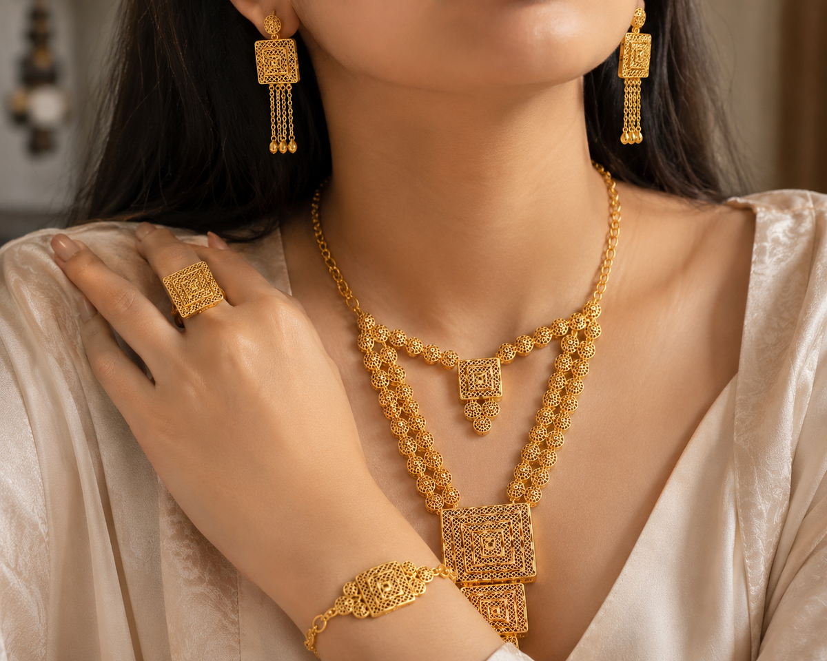 Luxury Gold Filigree 5-Piece Jewelry Set – Necklace, Earrings, Bracelet & Ring