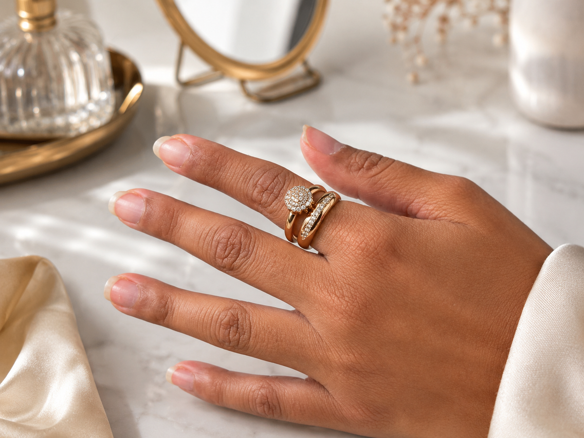 Elegant Gold-Tone Double Band Crystal Ring – Size 7,9