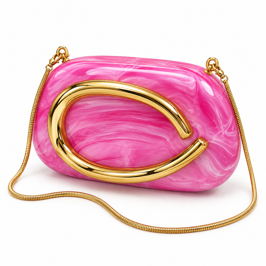 Marbled Hard-Shell Clutch Bag with Gold Handle & Chain Strap