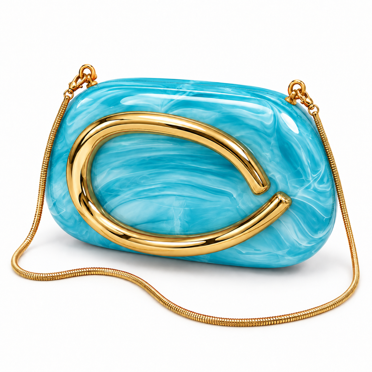 Marbled Hard-Shell Clutch Bag with Gold Handle & Chain Strap