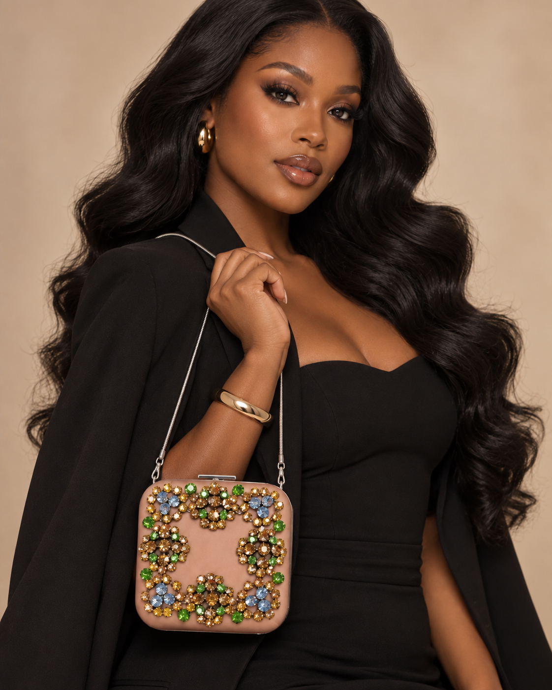 Crystal Embellished Hard-Shell Evening Clutch with Chain Strap