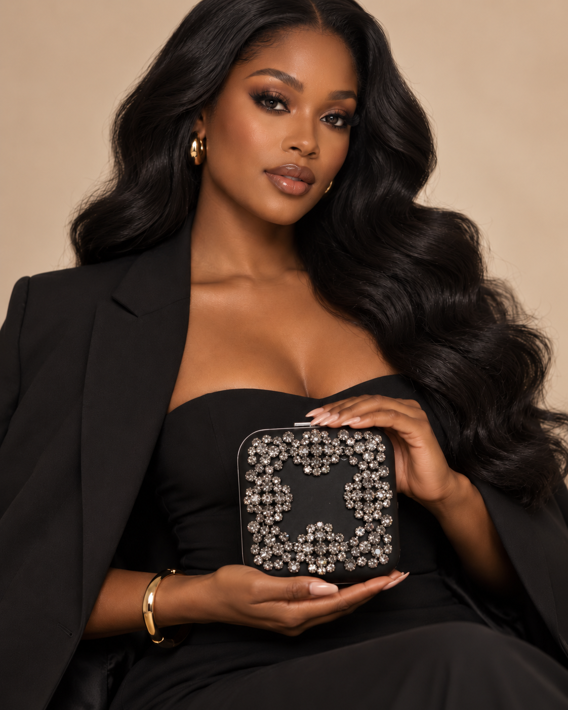 Crystal Embellished Hard-Shell Evening Clutch with Chain Strap