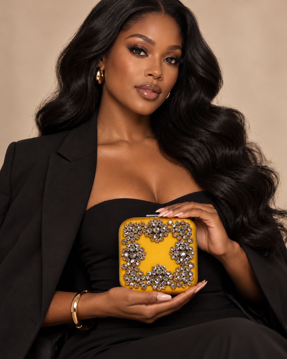 Crystal Embellished Hard-Shell Evening Clutch with Chain Strap