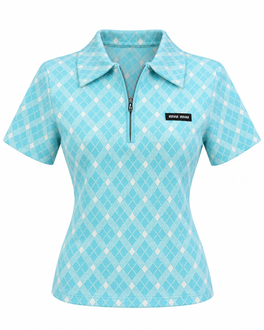 Women’s Aqua Blue Argyle Zip Polo Top – Short Sleeve Collared Knit Shirt