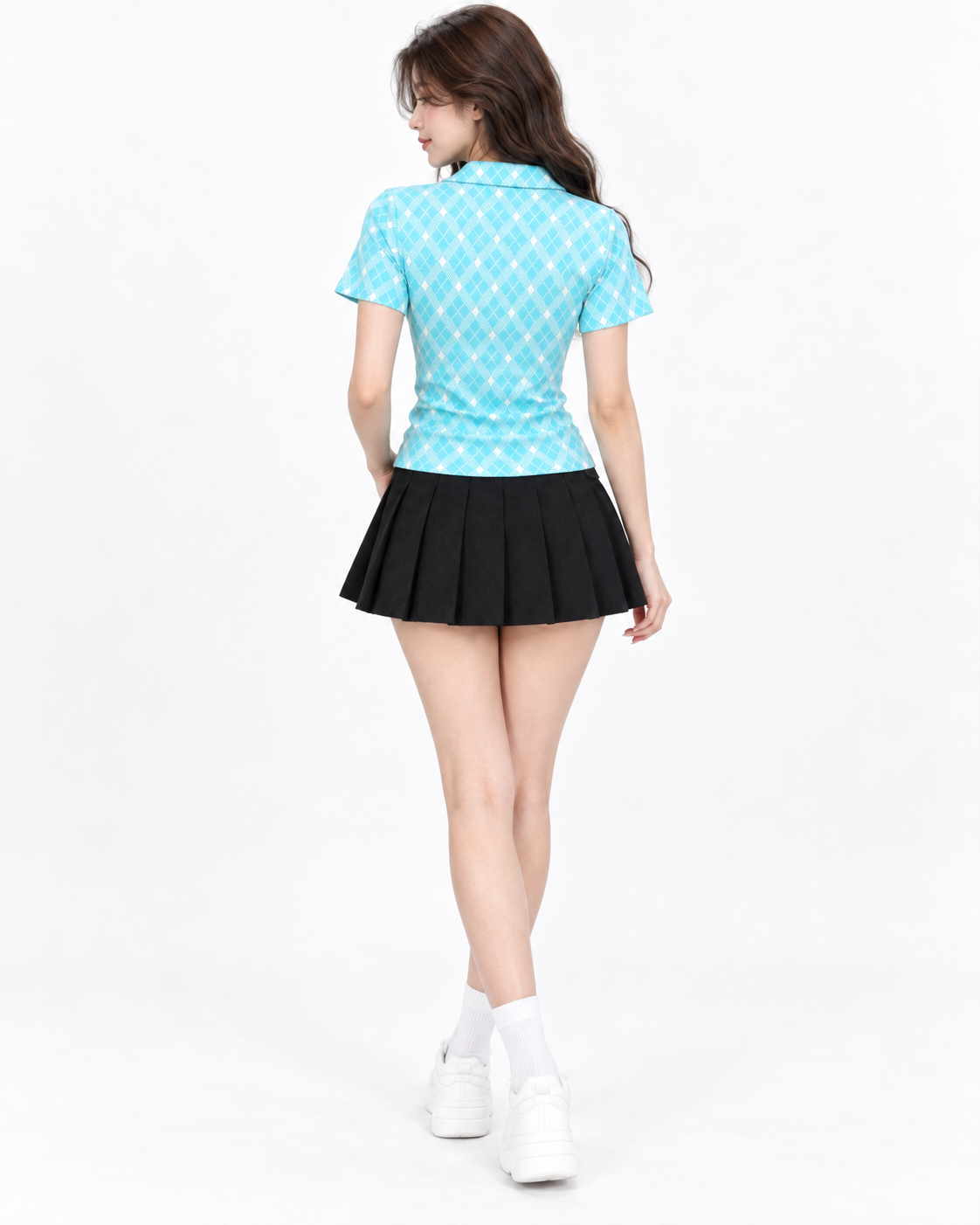 Women’s Aqua Blue Argyle Zip Polo Top – Short Sleeve Collared Knit Shirt
