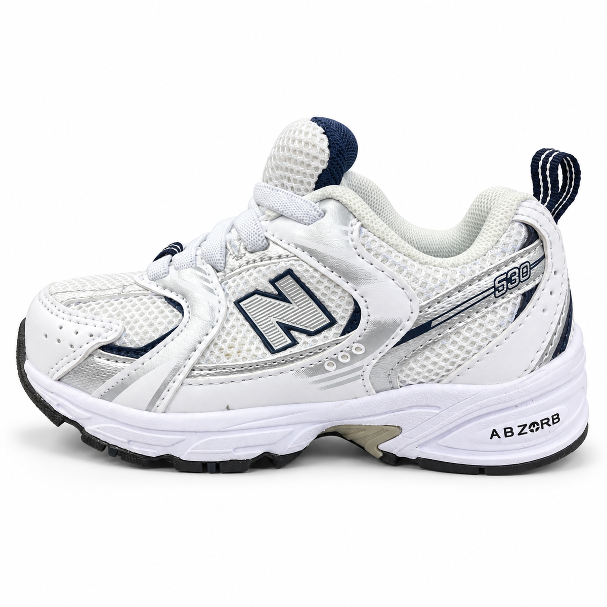 New Balance 530 Sneakers – White, Silver & Navy | ABZORB Size: US 9 / UK 8.5.