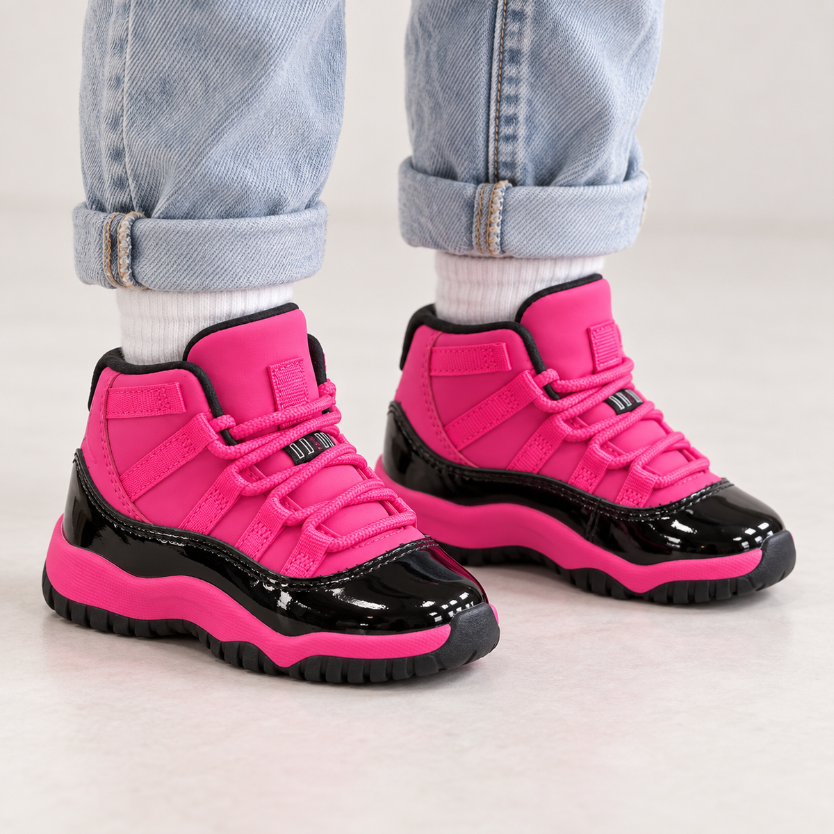 Kids’ Pink & Black High-Top Sneakers with Glossy Finish – US 10C