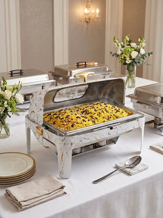 8QT Marble Roll Top Chafing Dish – Rectangular Buffet Warmer for Catering & Events