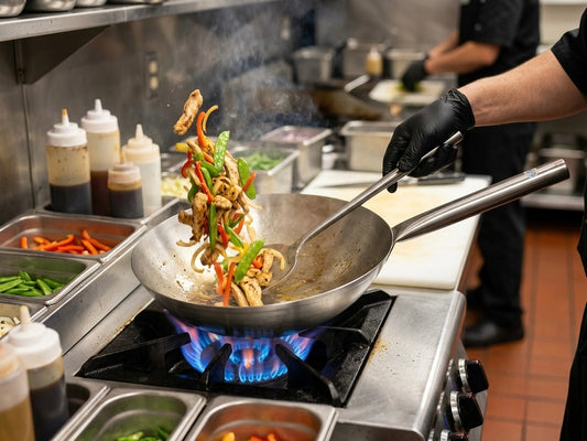 A chef in a commercial kitchen tosses a stir-fry with vegetables and mushrooms in a large stainless steel wok over a blue gas flame, with condiment bottles and prep stations in the background.