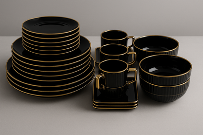 52-Piece Black-White Porcelain Dinnerware Set – Gold Rim | Aura by Goldmark