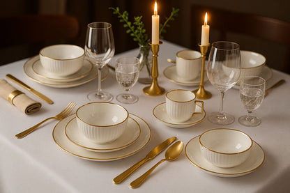 52-Piece Black-White Porcelain Dinnerware Set – Gold Rim | Aura by Goldmark