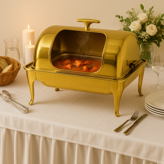 9QT Gold Roll Top Chafing Dish – Rectangular Buffet Warmer for Catering & Events