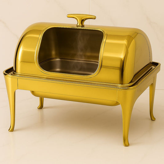 9QT Gold Roll Top Chafing Dish – Rectangular Buffet Warmer for Catering & Events