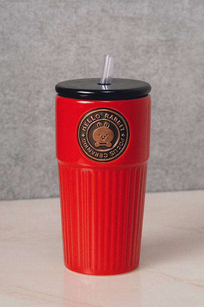 Focus Ceramics Hello Rabbit Tumbler – 400mL Ceramic Cup with Lid & Straw